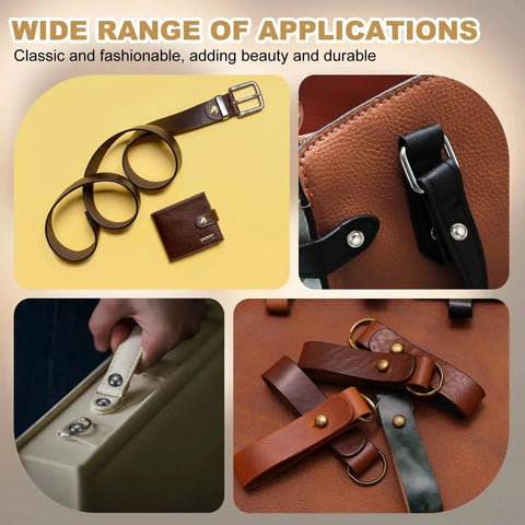 Bronze Ball Head Leather Rivet Set 20 Pieces applied on belts, wallet, and handbags, showcasing various DIY leather crafts and repairs.
