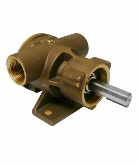 Side view of 777-9001 Marine Pulley Driven Flexible Impeller Pedestal Mount Pump, Bronze, showing 1 inch NPT ports and stainless shaft.