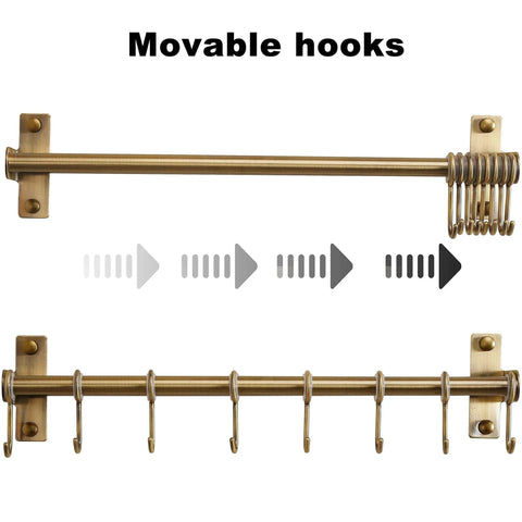 Pot Rack - Pots & Pans Hanging Rack with 8 Hooks, Double Bars, Wall Mounted, Bronze, Pack of 2 showing movable hooks