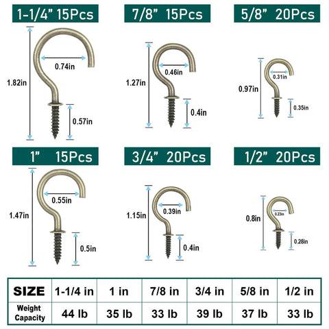105 Pcs Screw Hooks, 6 Sizes Bronze Cup Hooks, Screw Hooks for Hanging, Metal Cup Hooks Screw in with size and weight capacity chart