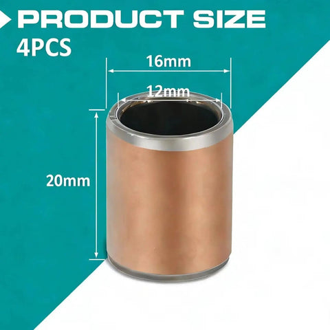 Four Pack Sleeve Bearings 12x16x20mm Oilless Self Lubricating Bronze Bushings with product dimensions displayed.