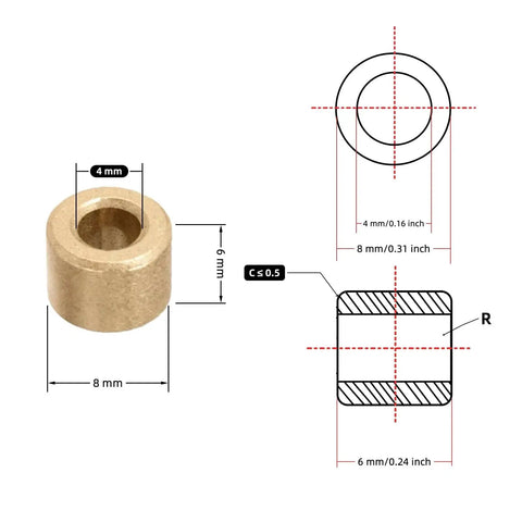 Technical diagram of Oil Impregnated Sintered Bronze Sleeve Bearing Bushing 4mm ID By 8mm OD By 6mm Length, showing dimensions.