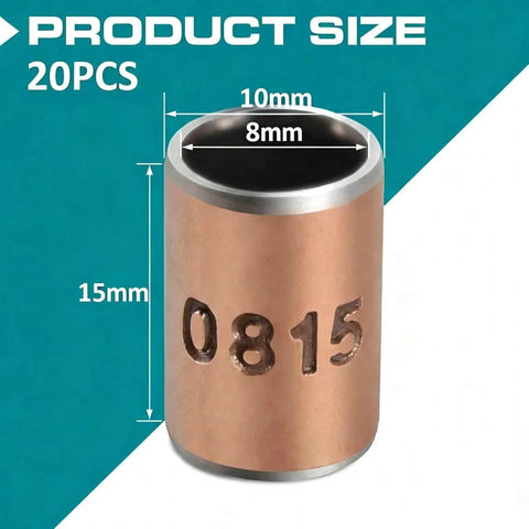 20 Piece Value Pack Oilless Self Lubricating Bronze Sleeve Bearings with 8mm bore, 10mm OD, 15mm length; size details shown