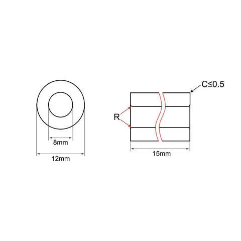 Technical drawing of Bearing Sleeve 8mm Bore 12mm OD 15mm Length Self Lubricating Sintered Bronze Bushings 10 Pieces