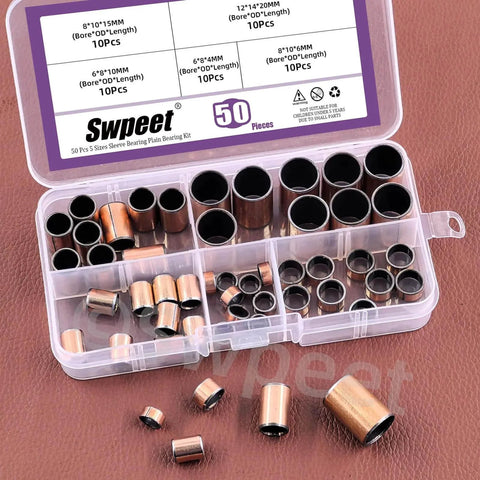 Five Size Sleeve Bearing Assortment Kit With Ten Pieces Each Size 6x8x4mm 6x8x10mm 8x10x6mm 8x10x15mm 12x14x20mm displayed in box