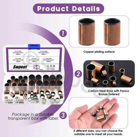 Five Size Sleeve Bearing Assortment Kit With Ten Pieces Each Size, copper plating, bronze sintered bushings in labeled storage box.
