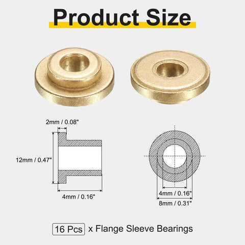 Diagram showing 16 Pcs Flange Sleeve Bearings 4mm Bore 8mm OD 4mm Length with dimensions and design details for precision applications.