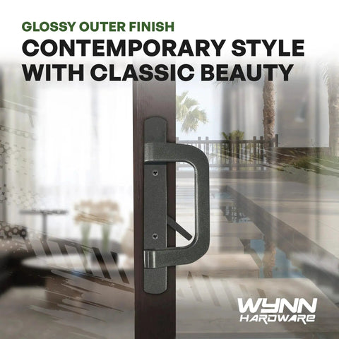 Bronze PGT Sliding Door Handle Set For Replacement And Repair, Fits 3-15/16 Inch Hole Spacing, installed on glass door