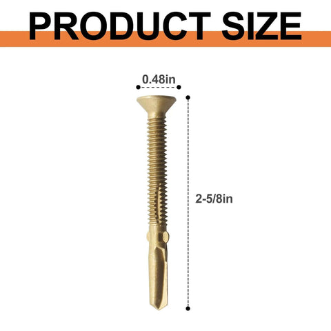Product size of Beefy Heavy Duty Self Drilling Wood To Metal Screws With Torx Star Drive Fourteen By Two And Five Eighths Inch Reamer Tek Screws Bronze Star Triple Coat For Decks And Hardwood Or Softwood No Pre Drill Required 50 Piece Pack showing length 2-5/8 inch and width 0.48 inch.
