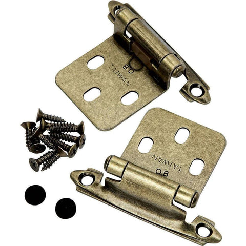Antique brass cabinet hinges with screws, 2-pack, showcasing detailed hinge design and mounting holes.