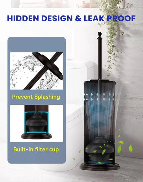 Anti Hand Off Toilet Plunger with Holder, bronze finish, rust-resistant iron and powder-coated canister for deep cleaning clogs.
