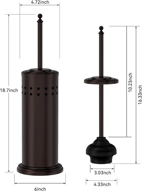 Anti Hand Off Toilet Plunger With Holder For Bathroom Heavy Duty Bronze Finish with dimensions, rust resistant and powerful suction.