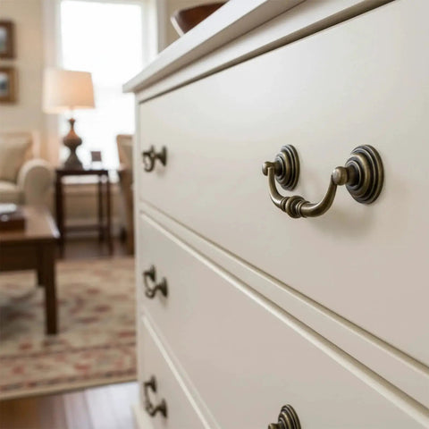 Two Bronze Vintage Drop Bail Drawer Pulls With 3.5 Inch Center Spacing And 4.5 Inch Total Length on a dresser in a living room.