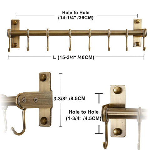 Pot Rack - Pots & Pans Hanging Rack with 8 Hooks, Double Bars, Wall Mounted, Bronze, Pack of 2 dimensions and installation view