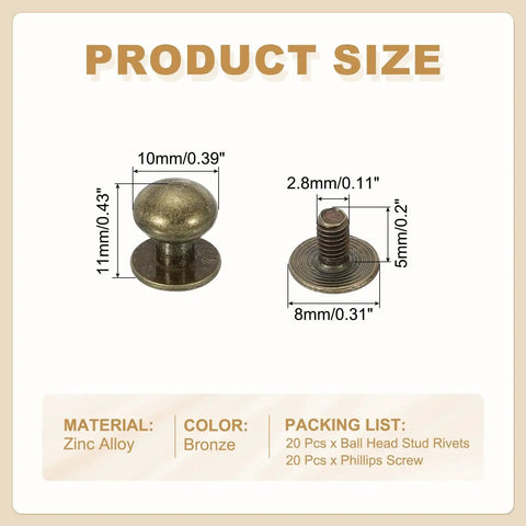Bronze Ball Head Leather Rivet Set 20 Pieces With Screw Back, showing zinc alloy material and product dimensions
