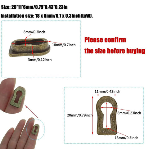 Image showing the dimensions of 5 Pack Zinc Alloy Keyhole Covers in Bronze Tone next to a hand for size reference.