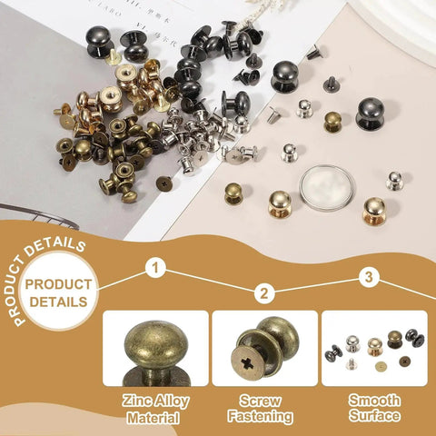 Bronze Ball Head Leather Rivet Set 20 Pieces with Screw Back, Round Button Chicago Style for Leather Craft, Zinc Alloy
