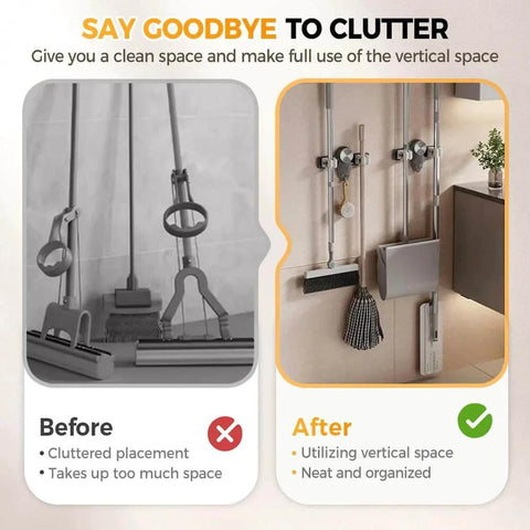 Comparison of cluttered vs. organized space using Broom Holder Mop Hanger, 2026 New No punching required Broom Hanger Organizer (2PCS Gray)