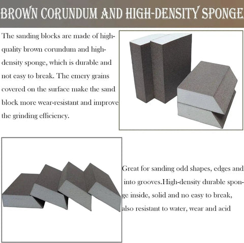 4 Pack 220 Grit Single Angle Sanding Sponges For Wood Metal Drywall, close-up of brown corundum high-density sponges.