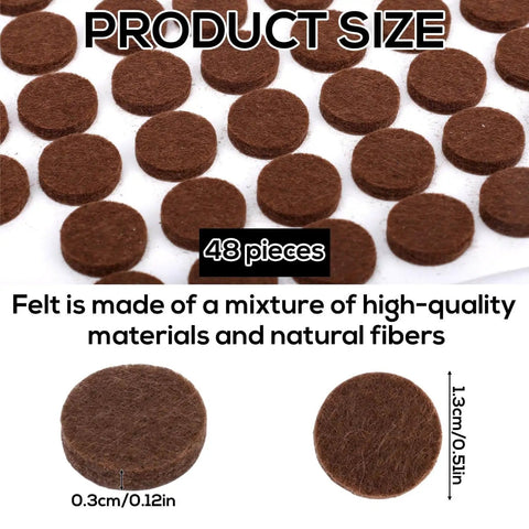 48 Pack Brown Felt Furniture Pads For Cabinets And Home, Self Adhesive Round Bumpers To Protect Beds Tables Chairs Sofas And More From Scratches, Easy Peel And Stick, Durable Felt Feet Protectors displayed in packaging