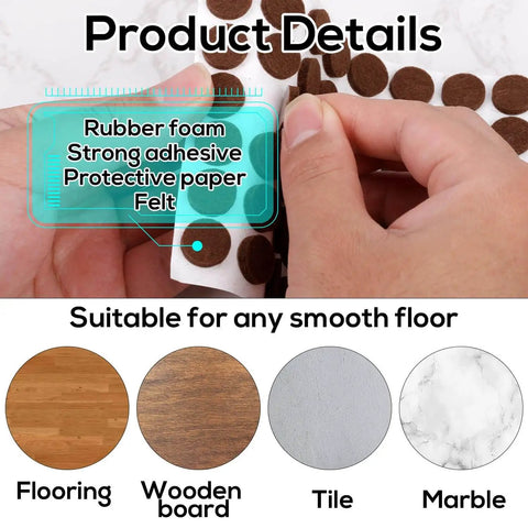 Hands applying 48 Pack Brown Felt Furniture Pads For Cabinets And Home, Self Adhesive Round Bumpers to protect surfaces from scratches.