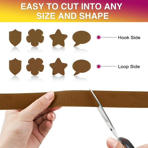 Heavy Duty Double Sided Hook And Loop Tape 12 Ft Cuttable Interlocking Fasteners For Home Office Car School And DIY Projects Brown With Strong Sticky Back Adhesive Strips For Secure Mounting And Quick Taping being cut with scissors into various shapes.