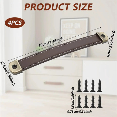 4 Piece Leather Cabinet Pulls And Luggage Handles Replacement Brown Leather Drawer Pulls For Cabinets Travel Suitcases Trunks With Screws Easy To Install Pre Drilled Holes Durable Soft Grain Classic Look Suitable For Home Office Or Industrial Settings; brown leather pull with dimensions and screws