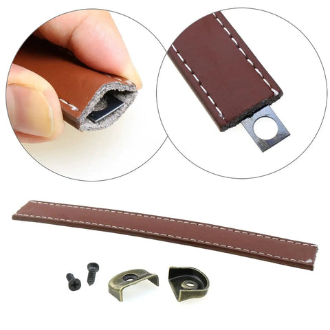 Close-up of Leather Drawer Handles Set Two Pieces 7.5 Inch Brown Luggage And Suitcase Pull Handles with screws and metal core.
