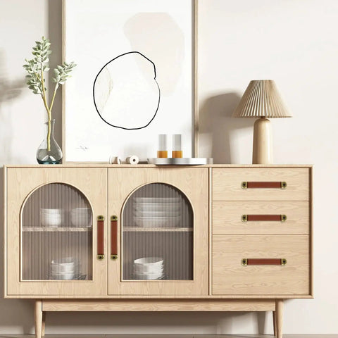 Three Piece Brown Leather Drawer Pulls Set With Mounting Screws For Cabinets Trunks And Suitcases installed on a light wooden cabinet