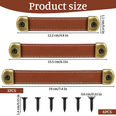 Three Piece Brown Leather Drawer Pulls Set With Mounting Screws For Cabinets Trunks And Suitcases sizes and screws view