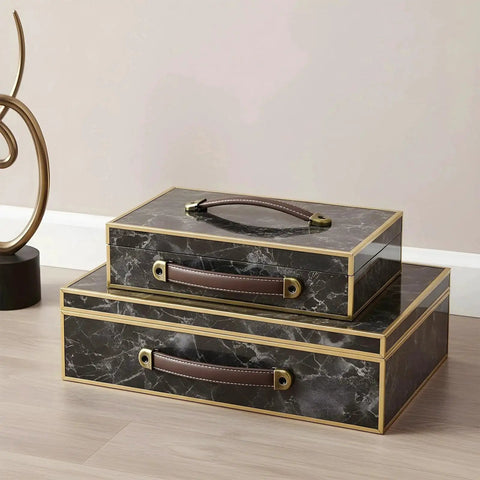 4 Piece Leather Cabinet Pulls And Luggage Handles Replacement Brown Leather Drawer Pulls installed on marble-styled boxes