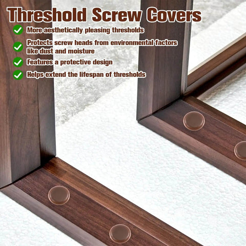 20 Pack Screw Hole Plugs For Three Eighths Inch Holes Door Sill Caps Conceal Screw Heads On Thresholds Brown Easy Install Durable Plastic Covers To Prevent Dust And Moisture Build Up For Doors And Windows installed on wooden threshold