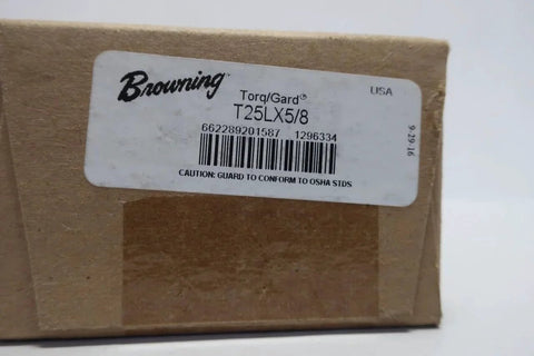 Cardboard packaging for BROWNING T25LX5/8 TORQ/Gard T25L 5/8IN Torque Limiter with label and barcode visible
