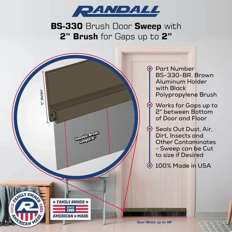 Heavy Duty Brush Door Sweep - 48" Long Brown Draft Stopper - Aluminum Holder with 2" Polypropylene Bristles shown with door