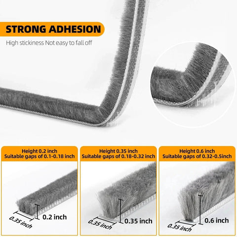 40FT Weather Stripping Door Seal Window Seal with brush insulation for gaps of 0.1-0.6 inch, showcasing strong adhesive properties.