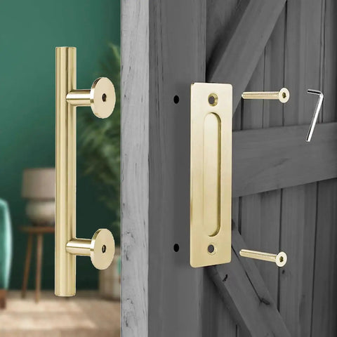 12 Inch Brushed Brass Gold Barn Door Handle Kit For Two Doors With Heavy Duty Aluminum Pull Handles And Finger Plates Includes Matching Screws And Protective Pads For Seamless Sliding Door Operation installed on wooden door