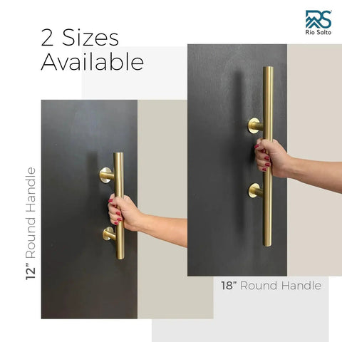 Two sizes of brushed brass gold barn door handles for sliding doors, showing 12" and 18" round pull handles installed.