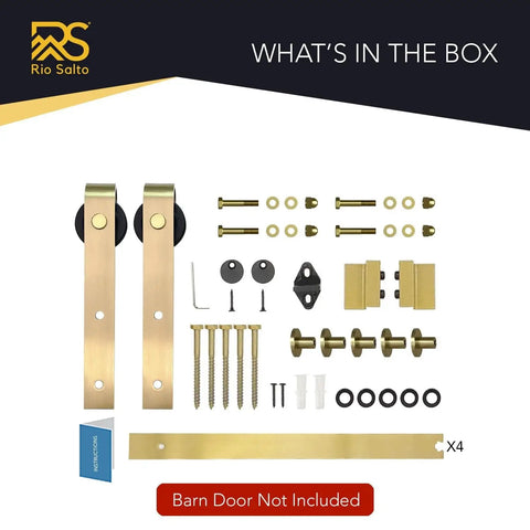 Gold Barn Door Hardware Kit With 84 Inch Track For 7 Foot Sliding Door Modern Brushed Brass Finish Includes All Mounting Hardware For One Door Adjustable Track From 39.35 Inches To 84 Inches, showing all components included in the box.