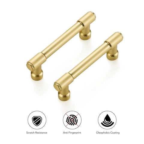 2 Pack 3 Inch Center Kitchen Cabinet Handles In Brushed Brass Solid Zinc Alloy Dresser Pulls For Cabinets And Drawers 99 Mm Total Length 76 Mm Hole Spacing 13 Mm Width 32 Mm Projection Corrosion Resistant Hardware, showing brushed brass finish with scratch resistance and anti-fingerprint features