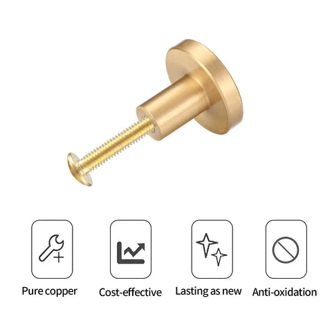 Close-up of a single knob from the Eight Piece Brushed Brass Cabinet Knob Set With Solid Round Hardware For Kitchen Cabinets Dresser Drawers Cupboards Wardrobes Includes Screws 20x28mm Durable Brass Finish.
