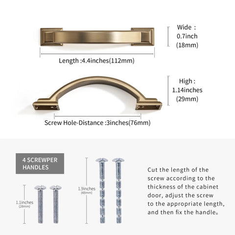 10 Pack Brushed Brass Cabinet Pulls 3 Inch Hole Center 4.4 Inch Overall Length Square Solid Metal Handles with screws included