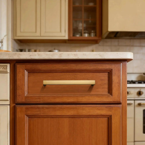 Brushed Brass Cabinet Pulls Set Of 10, 3-Inch Hole Center Handles for kitchen cabinets and drawers, gold metal hardware installed on wood drawer
