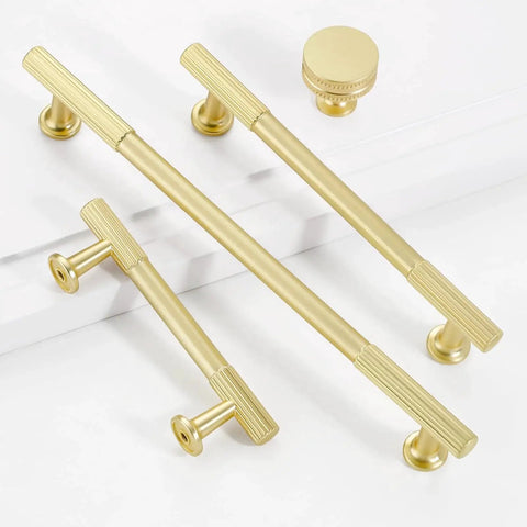 5 Inch Hole Center Cabinet Pulls 10 Pack Brushed Brass Solid Zinc Alloy Hardware on white background