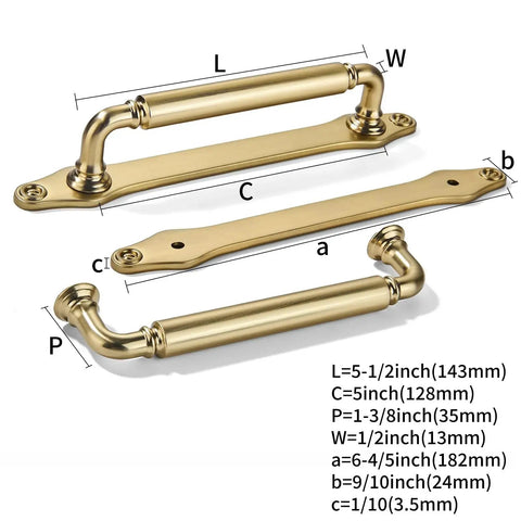 Brushed Brass Cabinet Pulls Set Of 5 5 Inch Center Hole With Backplate showing dimensions and components in disassembled view