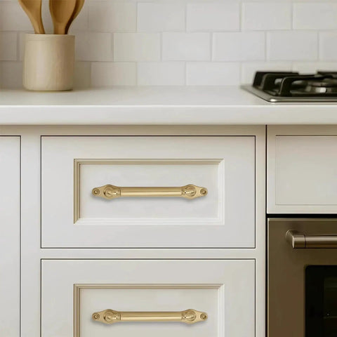 Brushed Brass Cabinet Pulls Set Of 5 5 Inch Center Hole with Backplate on white kitchen drawers, installed view