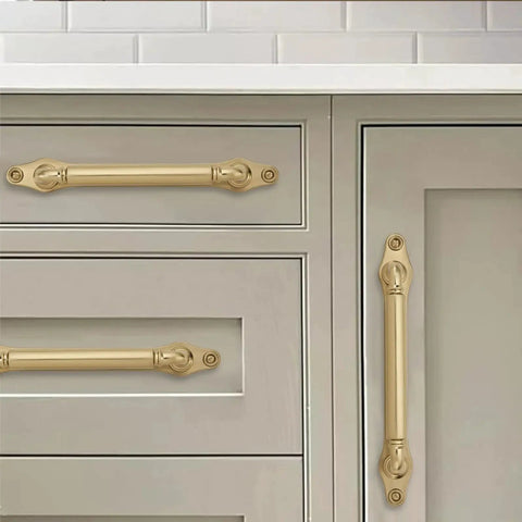 Brushed Brass Cabinet Pulls Set Of 5 5 Inch Center Hole With Backplate And Base Plate on kitchen drawers and doors
