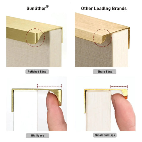 Comparison of brushed brass aluminum finger pulls showing polished edge and big space vs sharp edge and small pull lips.