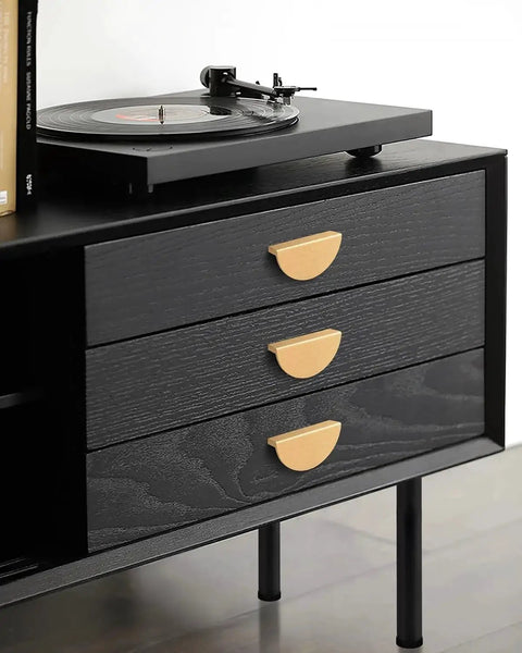 Black cabinet with 4 Pack Half Moon Finger Pulls With 3 Inch Center Hole, Brushed Brass Gold, modern semi circle handles installed