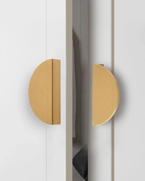 Installed 4 Pack Half Moon Finger Pulls With 3 Inch Center Hole, Brushed Brass Gold Cabinet And Drawer Handles on white cabinet