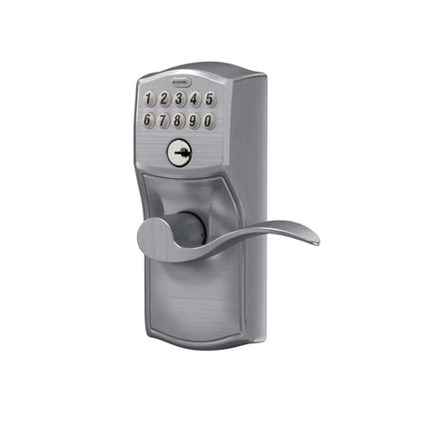 Front view of Camelot Keypad Entry Door Lock With Flex Lock And Accent Levers In Brushed Chrome For Keyless Entry and Auto Relock